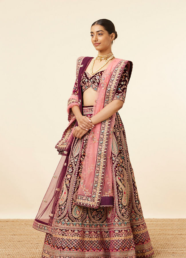 Wine Velvet Bridal Lehenga image number 2