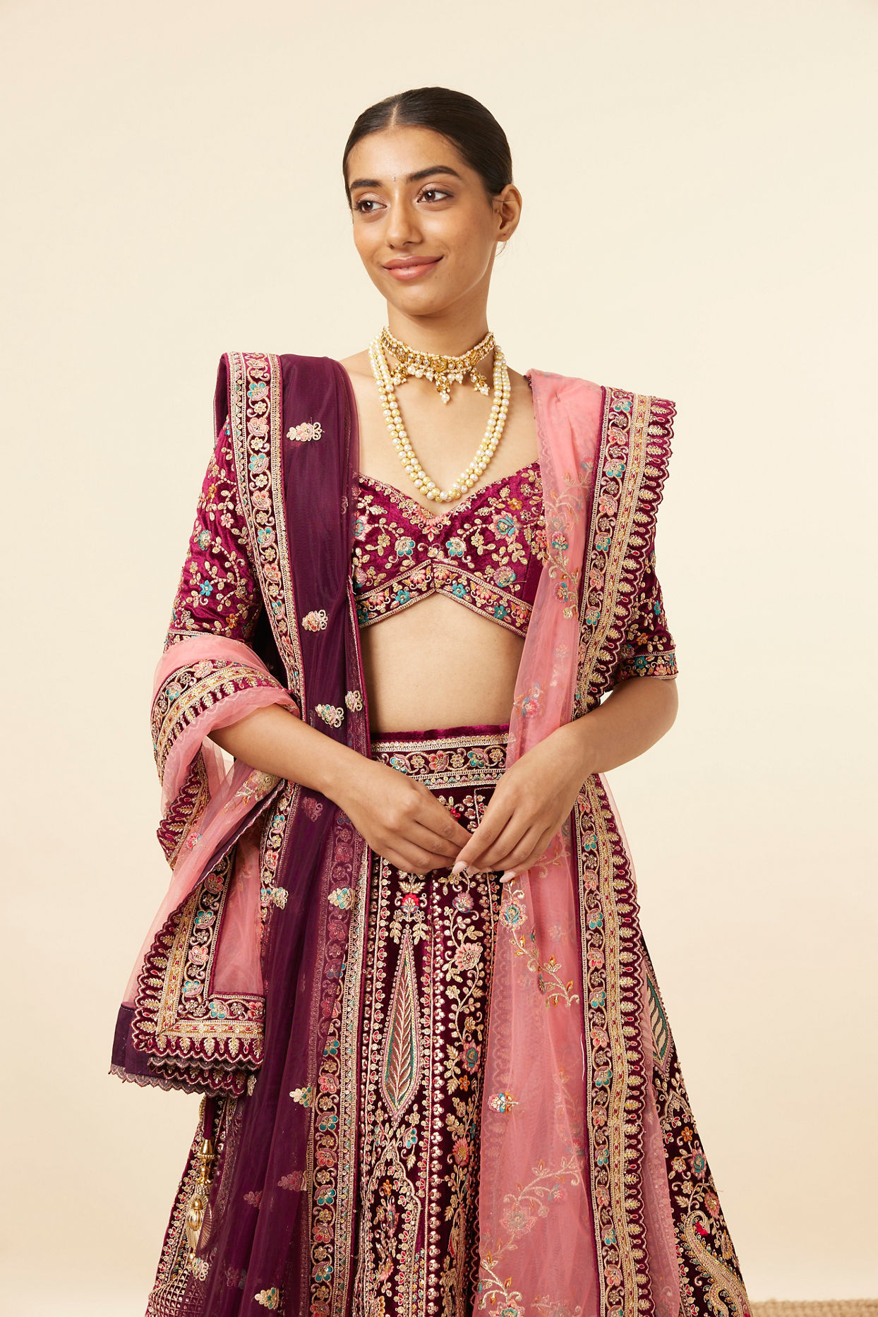 Wine Velvet Bridal Lehenga image number 1