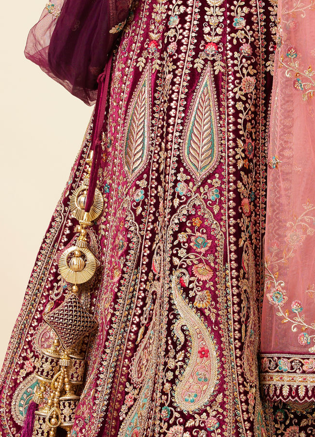 Wine Velvet Bridal Lehenga image number 4