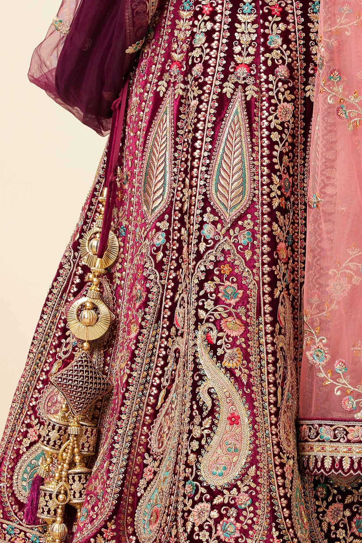 Wine Velvet Bridal Lehenga image number 4