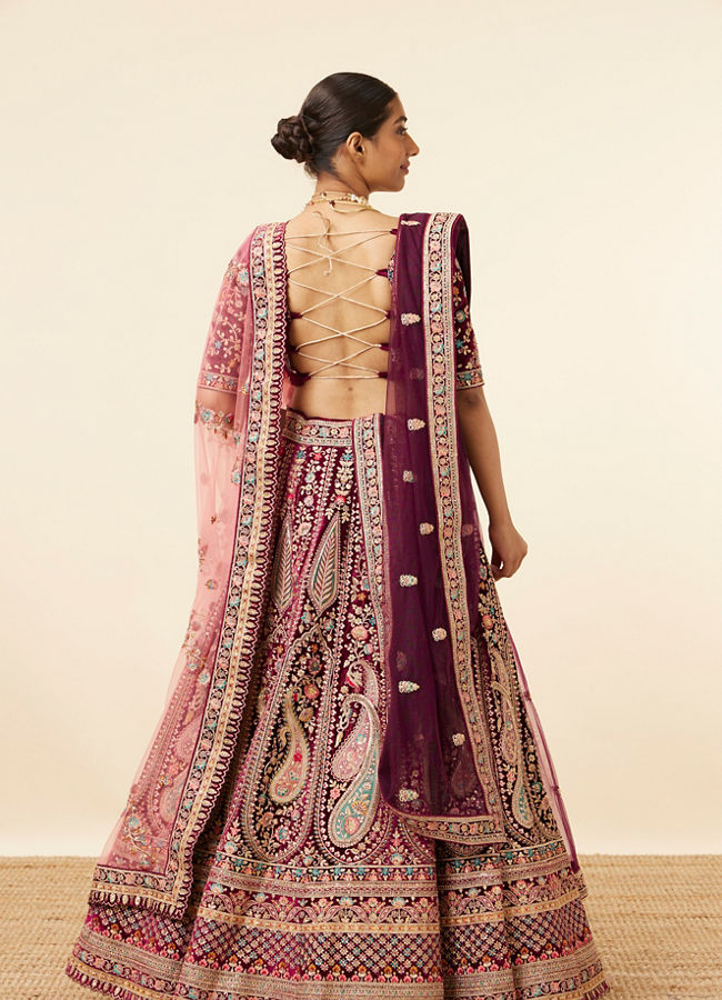 alt message - Mohey Women Wine Velvet Bridal Lehenga image number 3