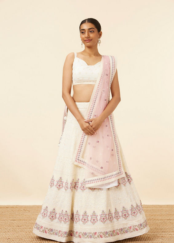 Mohey Women Cream Floral Sequined Lehenga