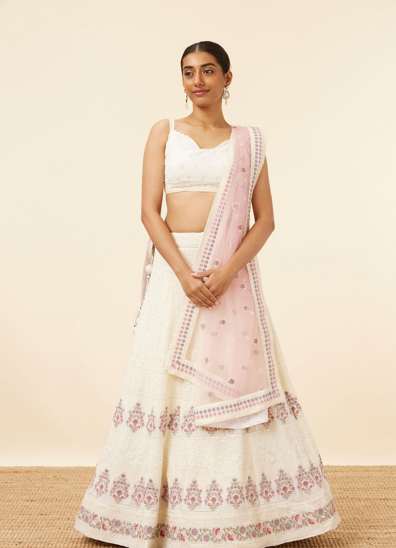 Mohey Women Cream Floral Sequined Lehenga