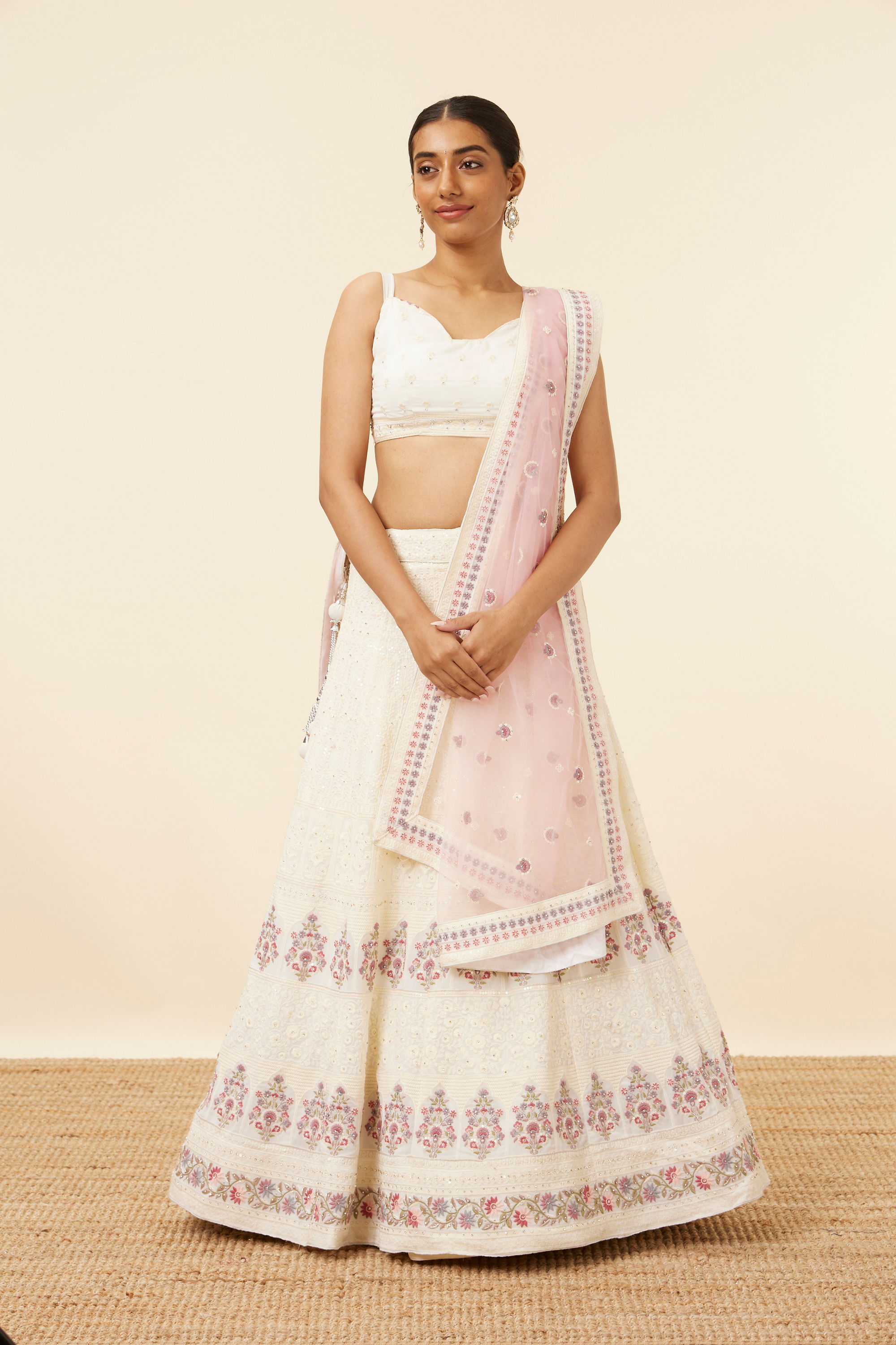 Mohey Women Cream Floral Sequined Lehenga