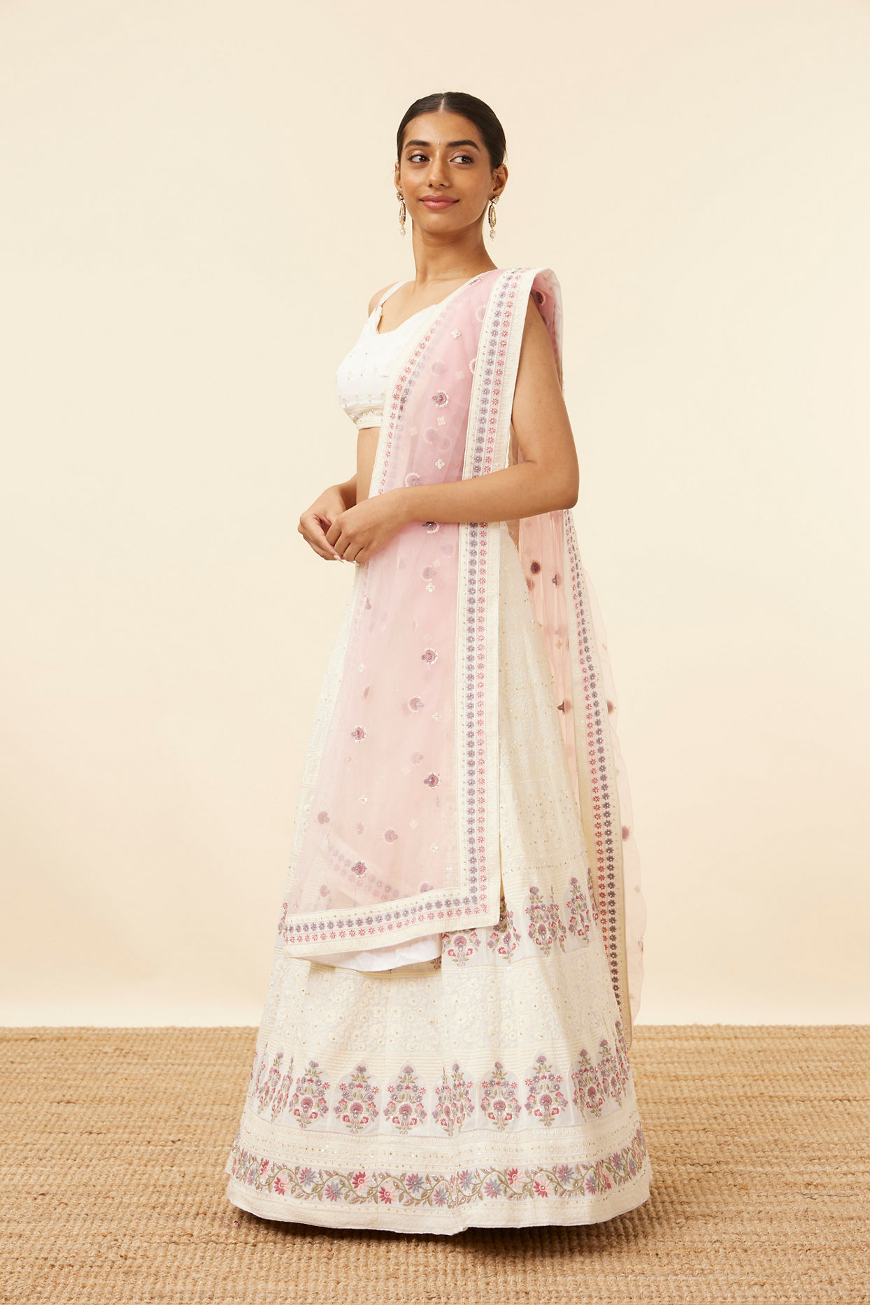 Mohey Women Cream Floral Sequined Lehenga