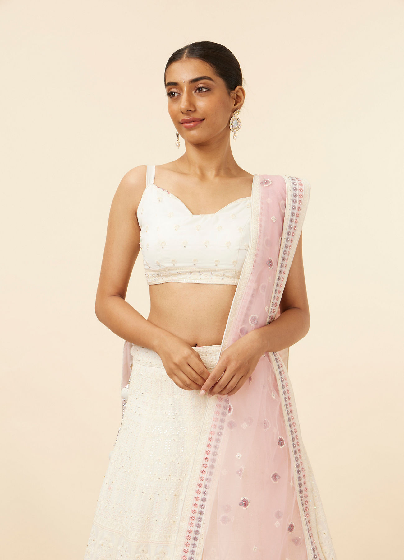 Mohey Women Cream Floral Sequined Lehenga