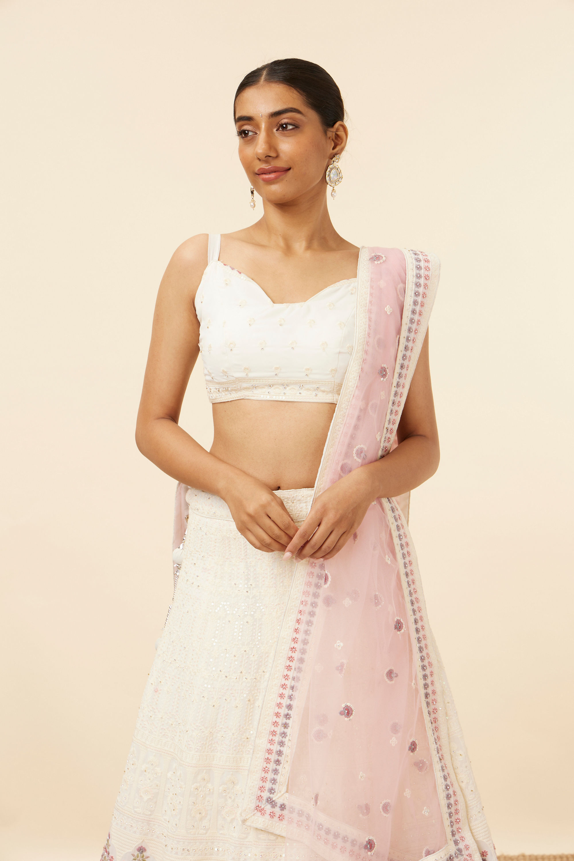 Mohey Women Cream Floral Sequined Lehenga