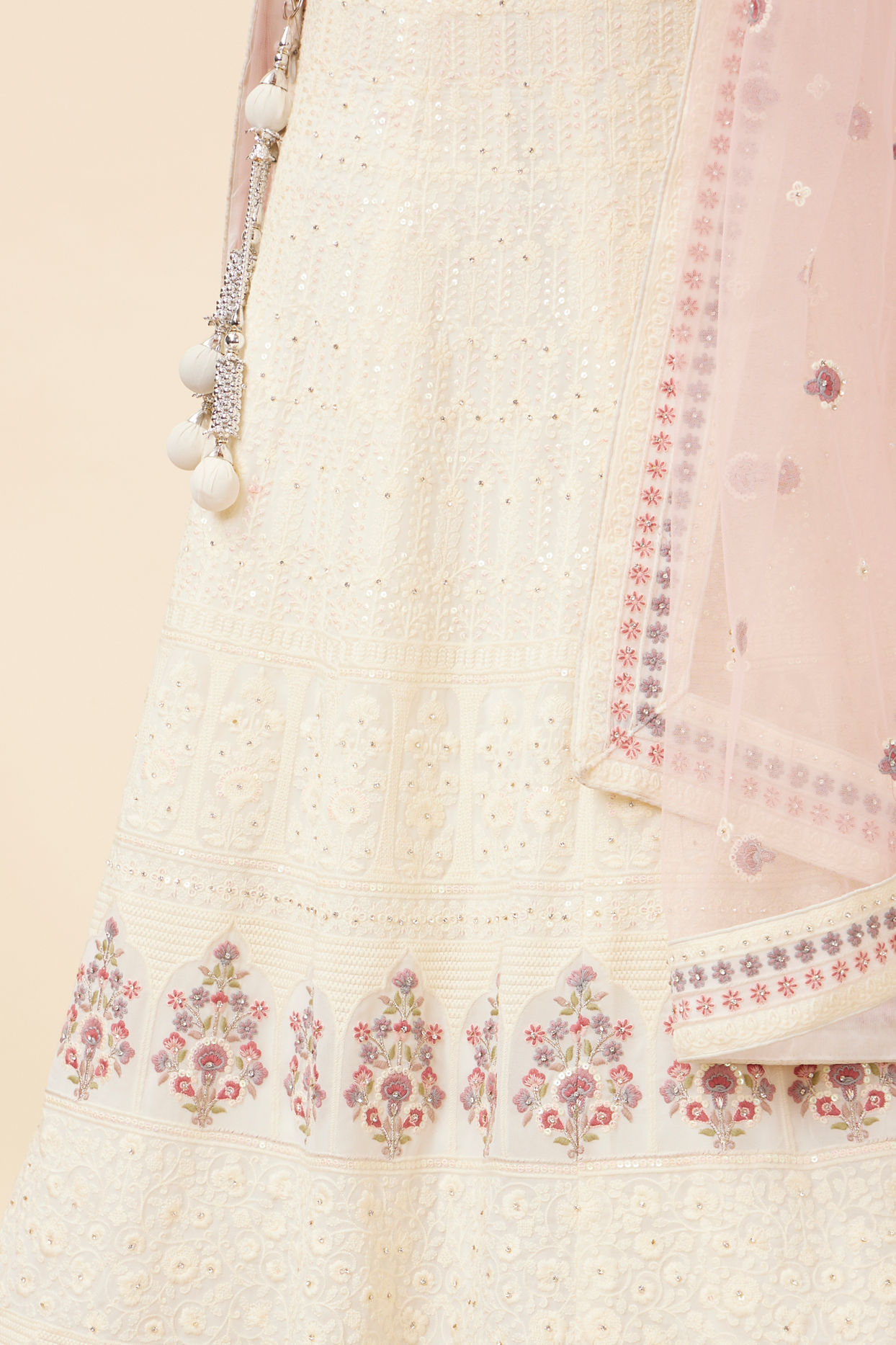 Mohey Women Cream Floral Sequined Lehenga