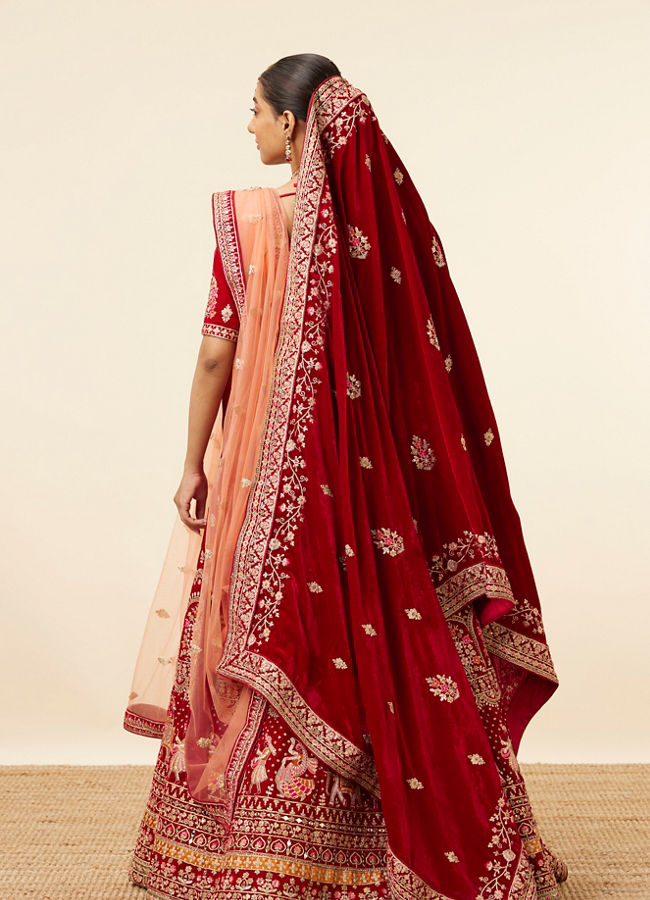 Mohey Women Dark Red Velvet Embroidered Bridal Lehenga