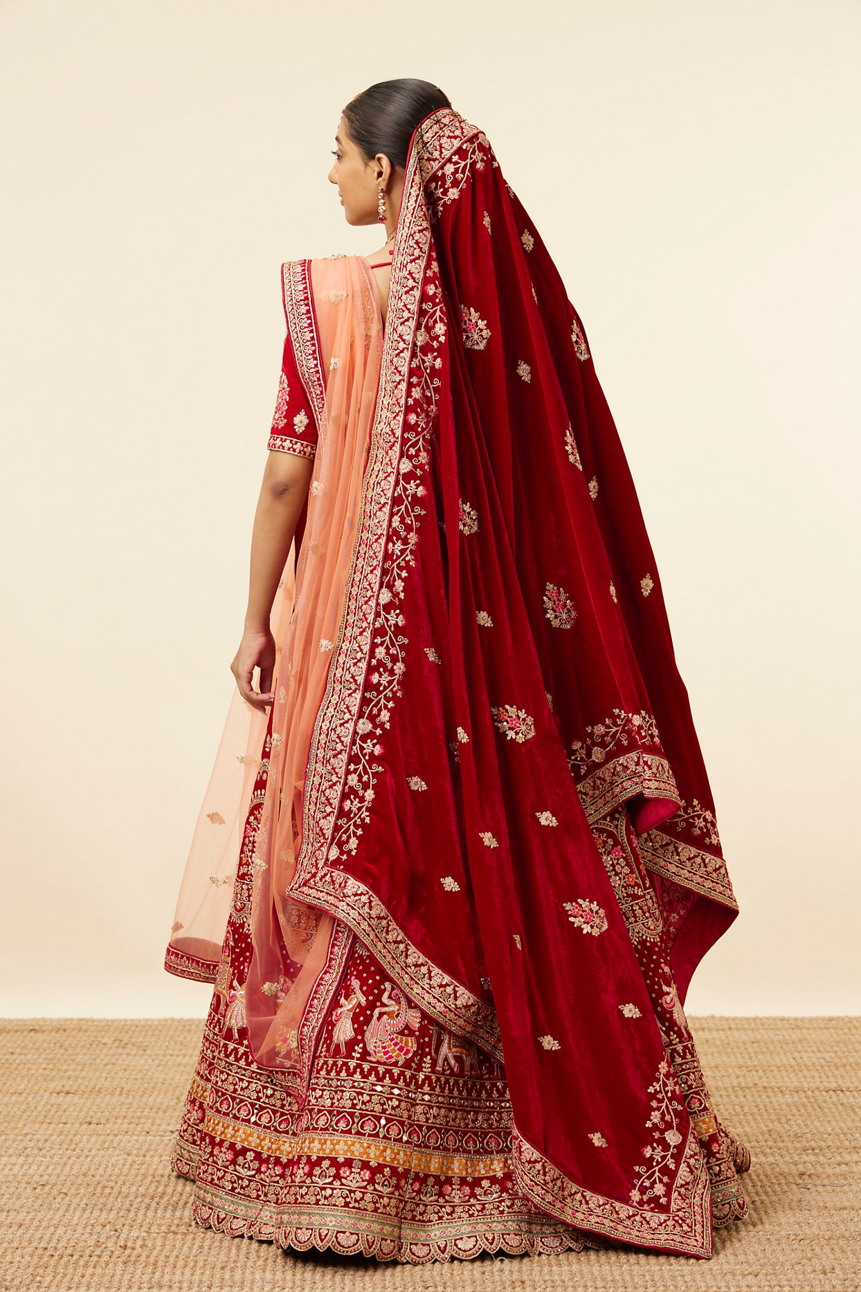 Mohey Women Dark Red Velvet Embroidered Bridal Lehenga