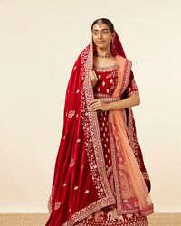 Mohey Women Dark Red Velvet Embroidered Bridal Lehenga