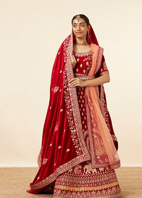 Mohey Women Dark Red Velvet Embroidered Bridal Lehenga image number 0