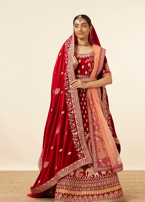 Mohey Women Dark Red Velvet Embroidered Bridal Lehenga