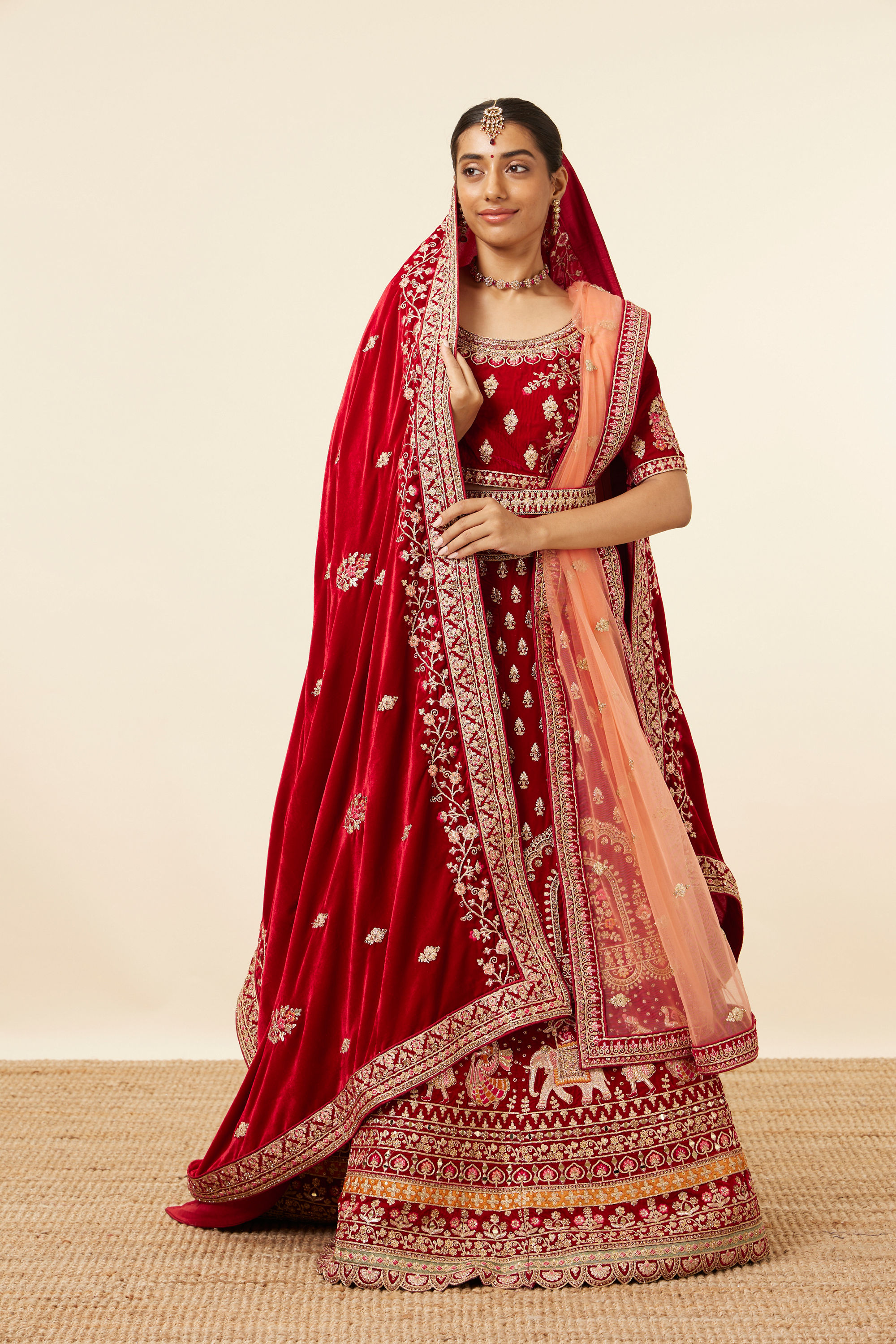 Mohey Women Dark Red Velvet Embroidered Bridal Lehenga