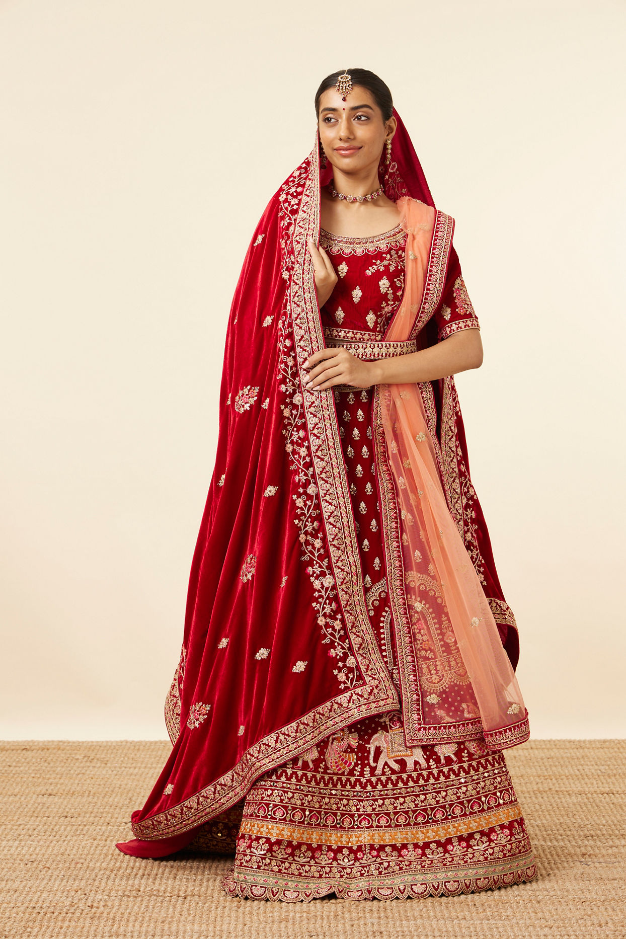 Mohey Women Dark Red Velvet Embroidered Bridal Lehenga image number 0