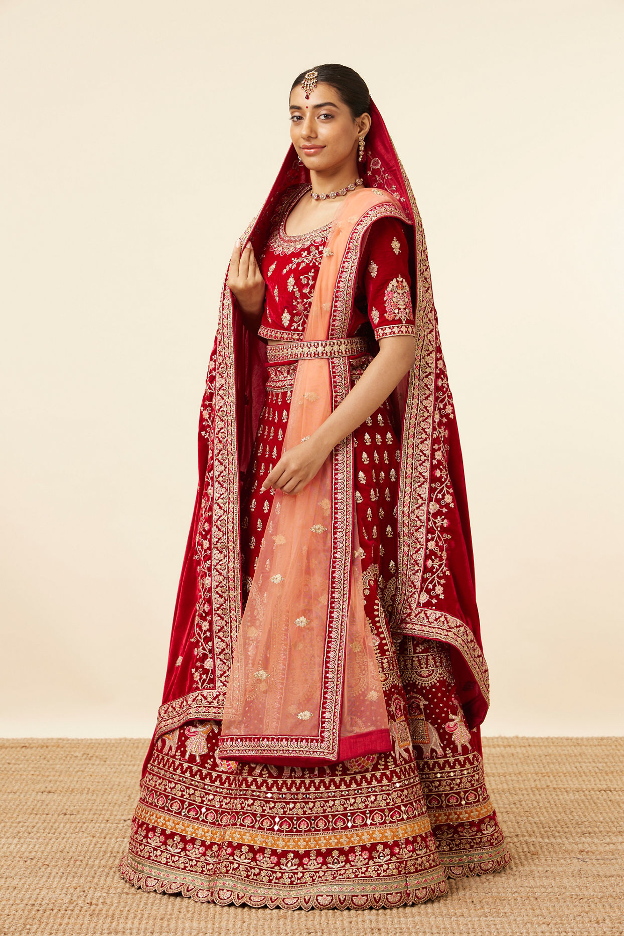 Mohey Women Dark Red Velvet Embroidered Bridal Lehenga image number 2