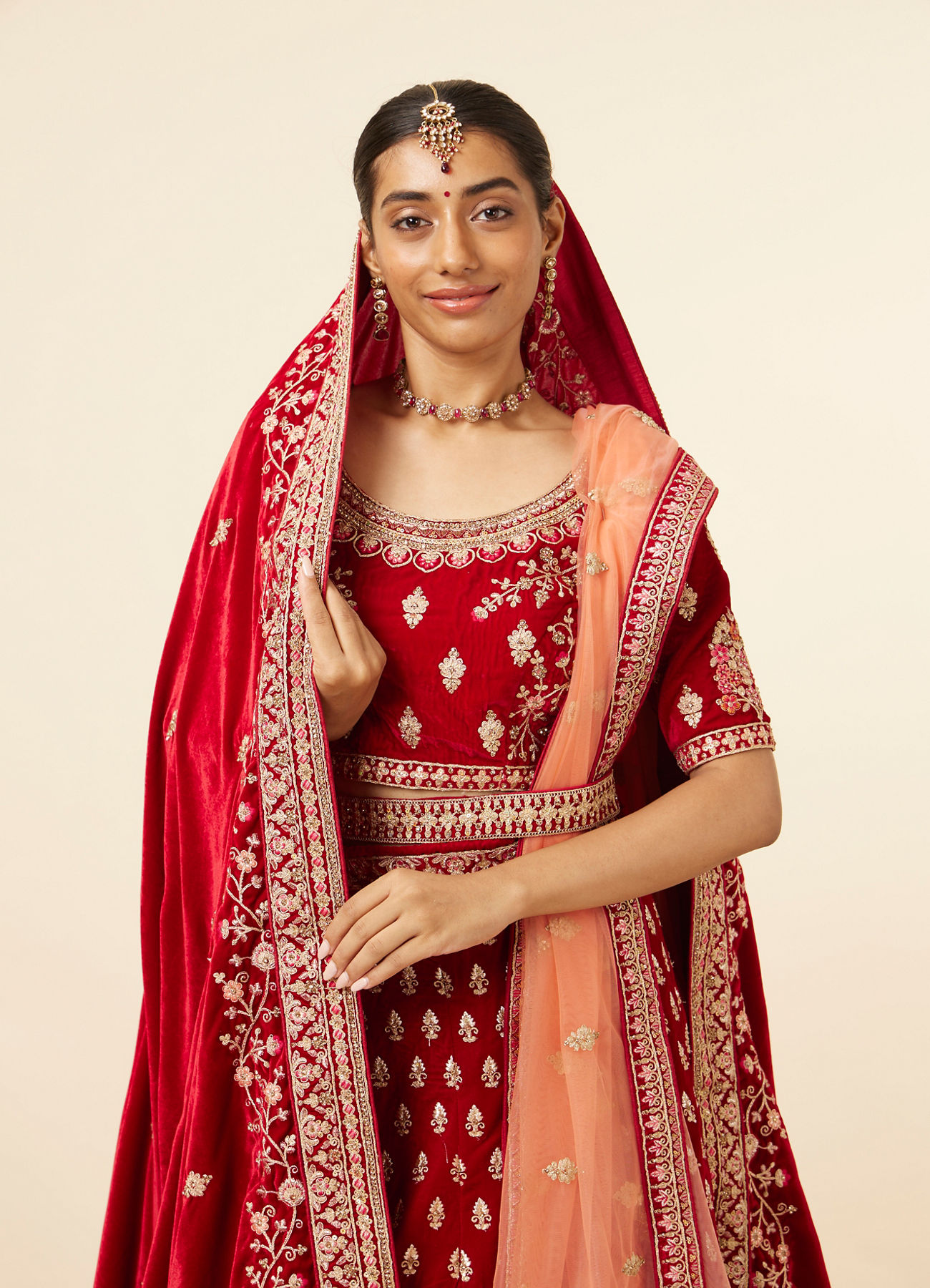 Mohey Women Dark Red Velvet Embroidered Bridal Lehenga