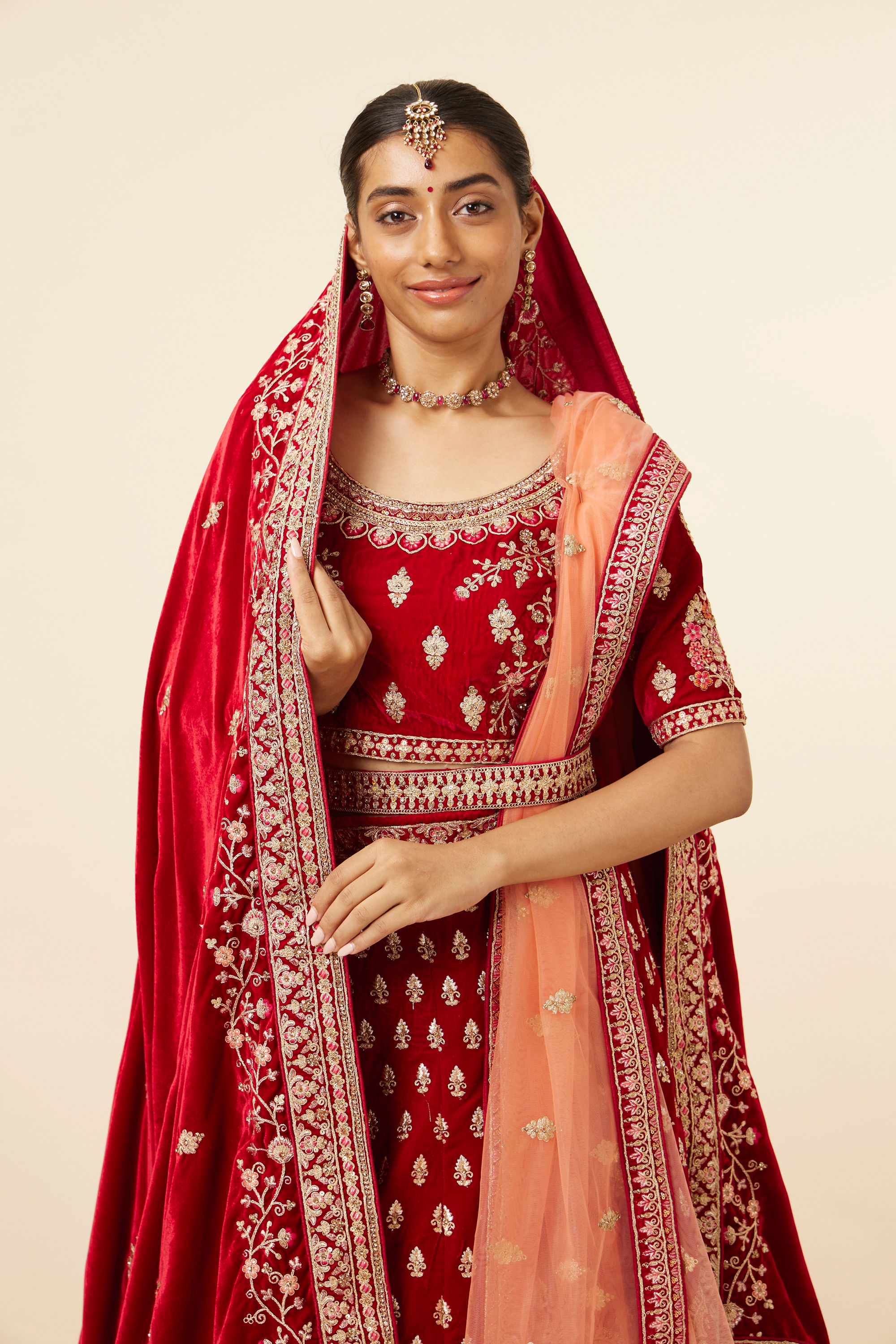 Mohey Women Dark Red Velvet Embroidered Bridal Lehenga