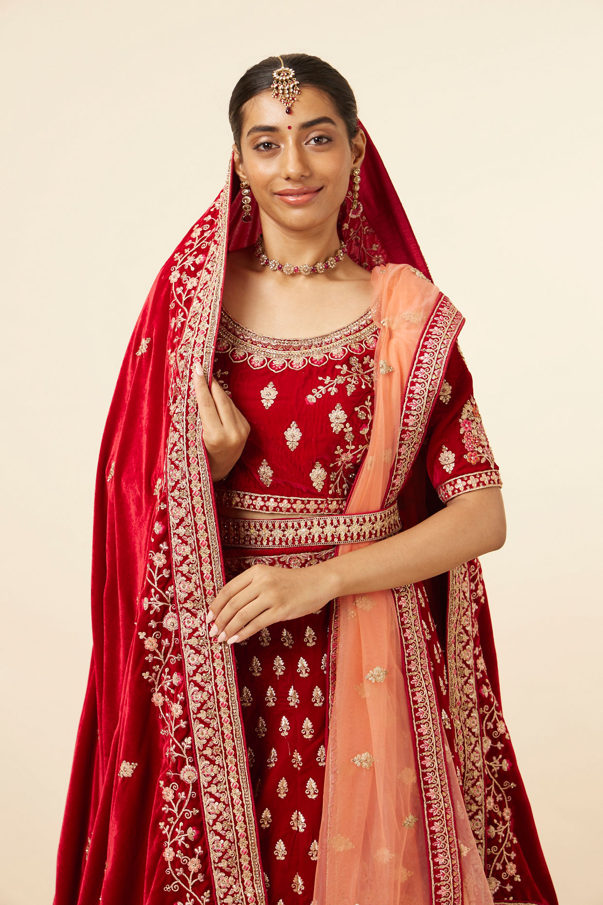 Mohey Women Dark Red Velvet Embroidered Bridal Lehenga
