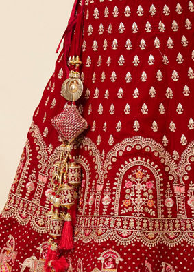 Mohey Women Dark Red Velvet Embroidered Bridal Lehenga image number 4