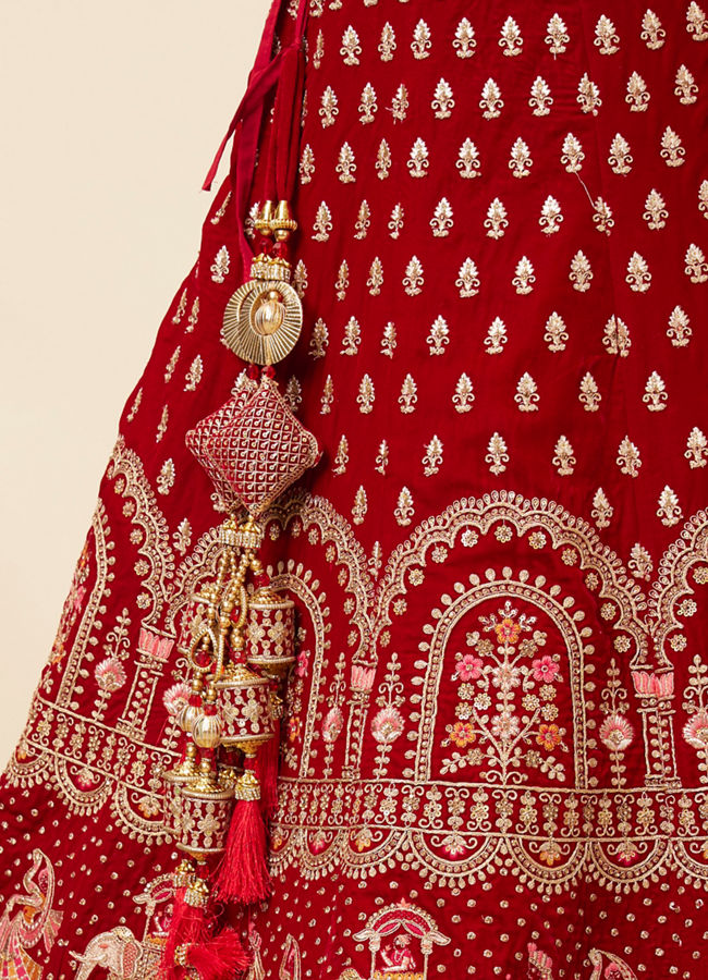 Mohey Women Dark Red Velvet Embroidered Bridal Lehenga
