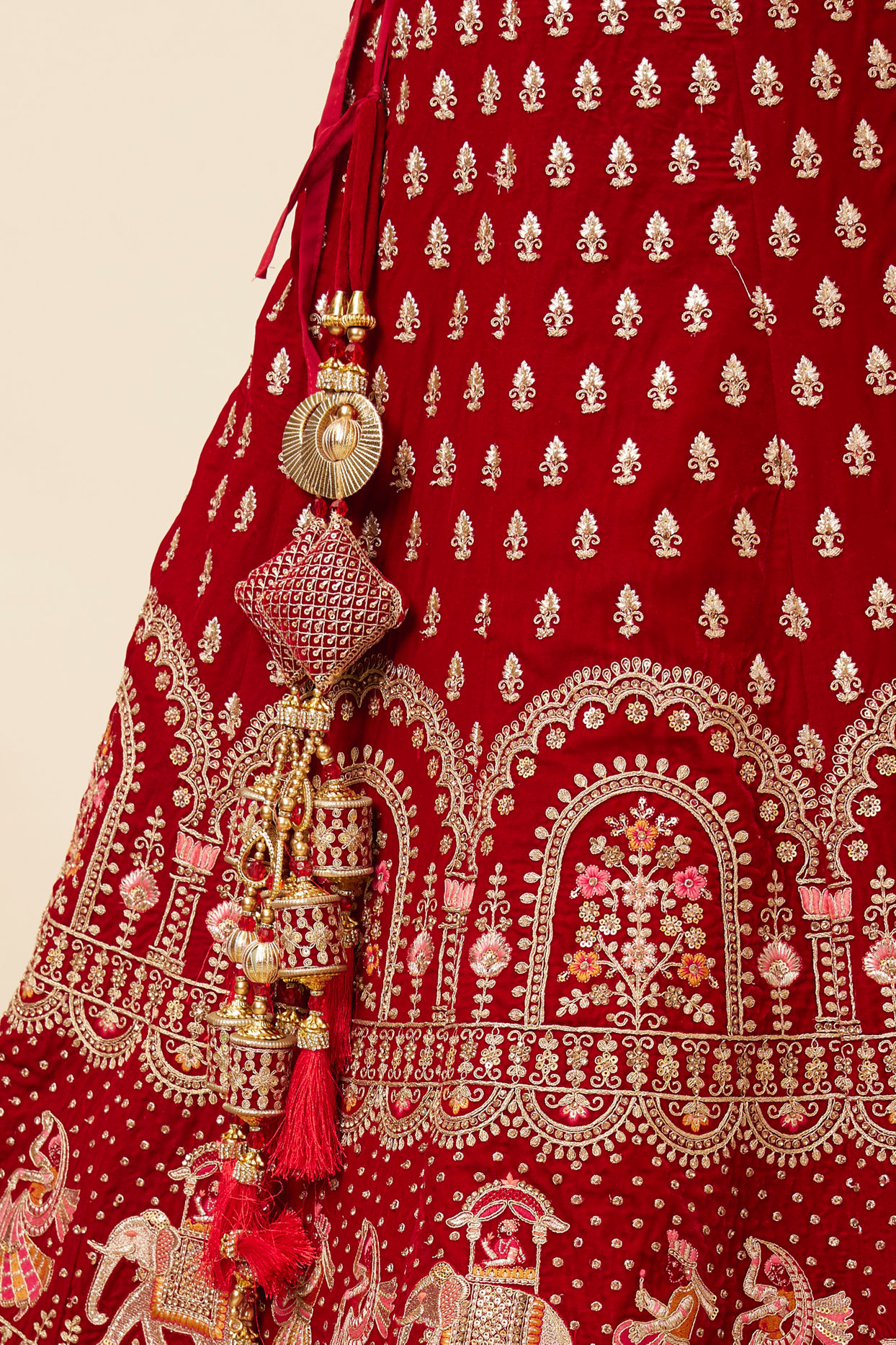 Mohey Women Dark Red Velvet Embroidered Bridal Lehenga image number 4