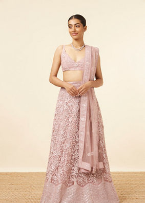 Mohey Women Light Purple Net Stone Embroidered Lehenga