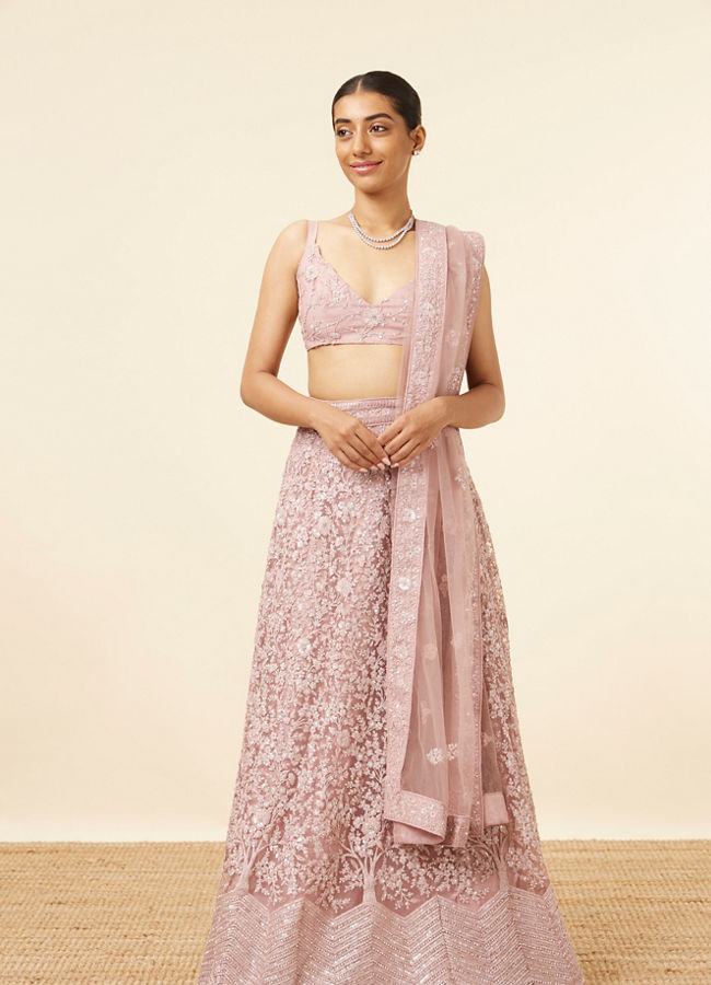 Mohey Women Light Purple Net Stone Embroidered Lehenga