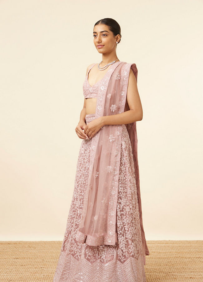 Mohey Women Light Purple Net Stone Embroidered Lehenga