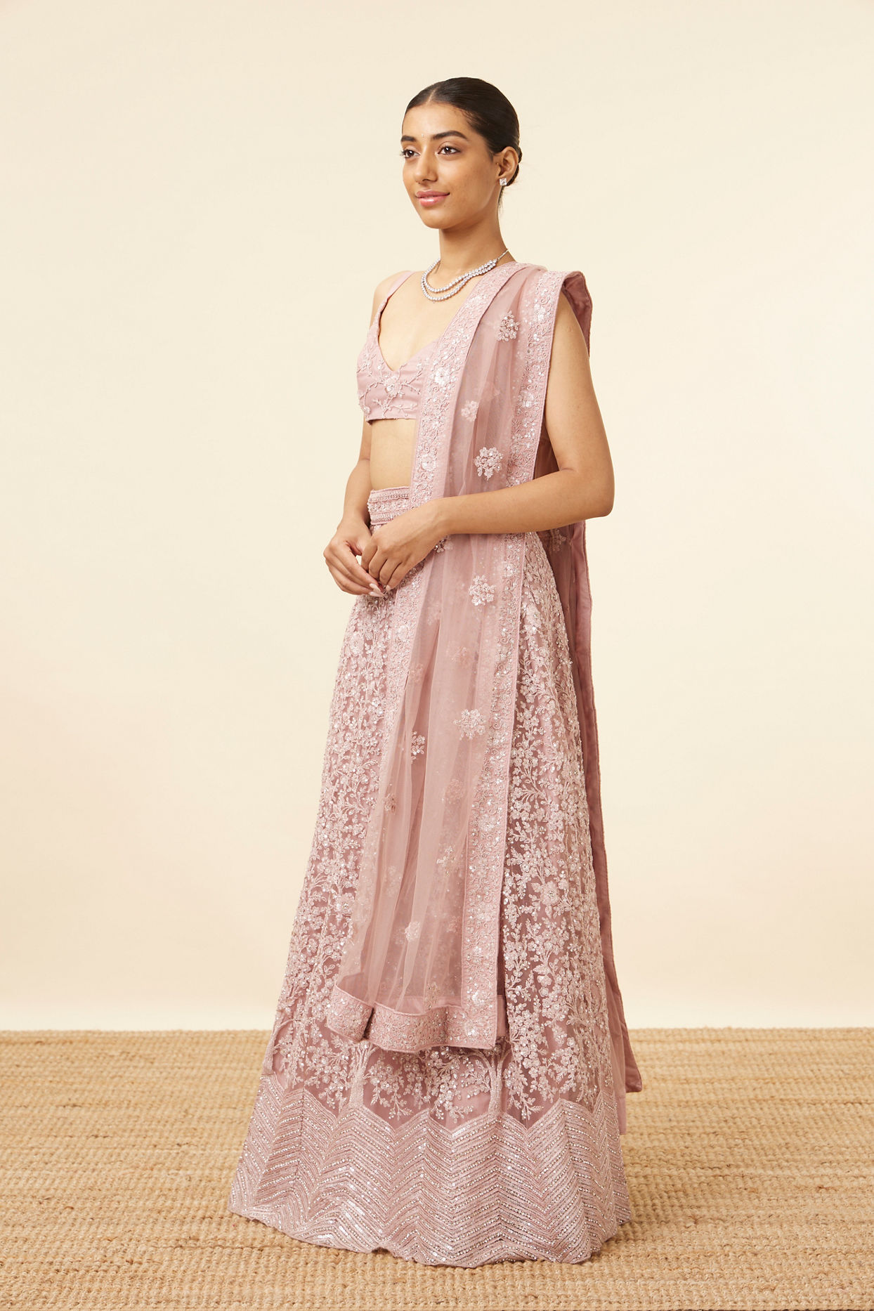 Mohey Women Light Purple Net Stone Embroidered Lehenga