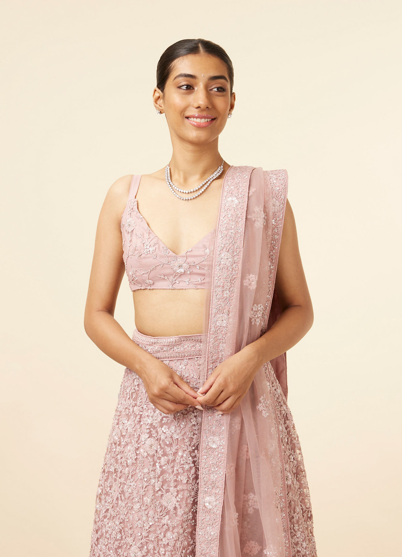 Mohey Women Light Purple Net Stone Embroidered Lehenga