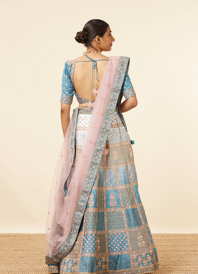 Teal Blue Block Patterned Lehenga image number 3