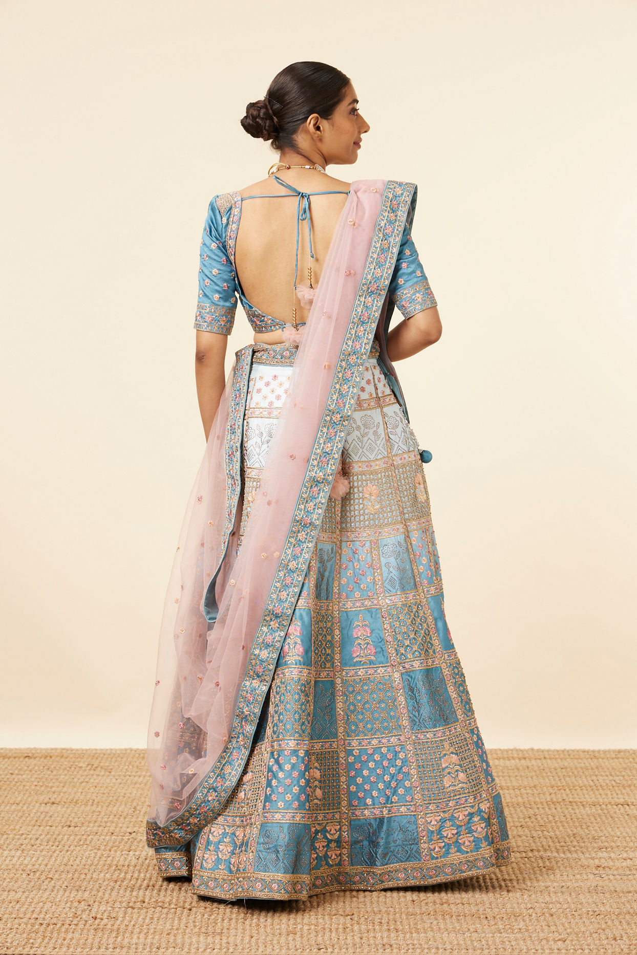 Teal Blue Block Patterned Lehenga image number 3