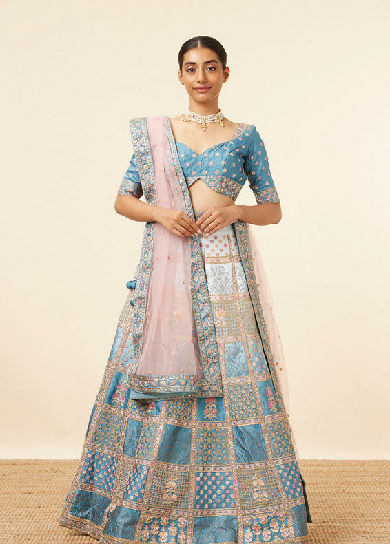 Mohey Women Teal Blue Block Patterned Lehenga