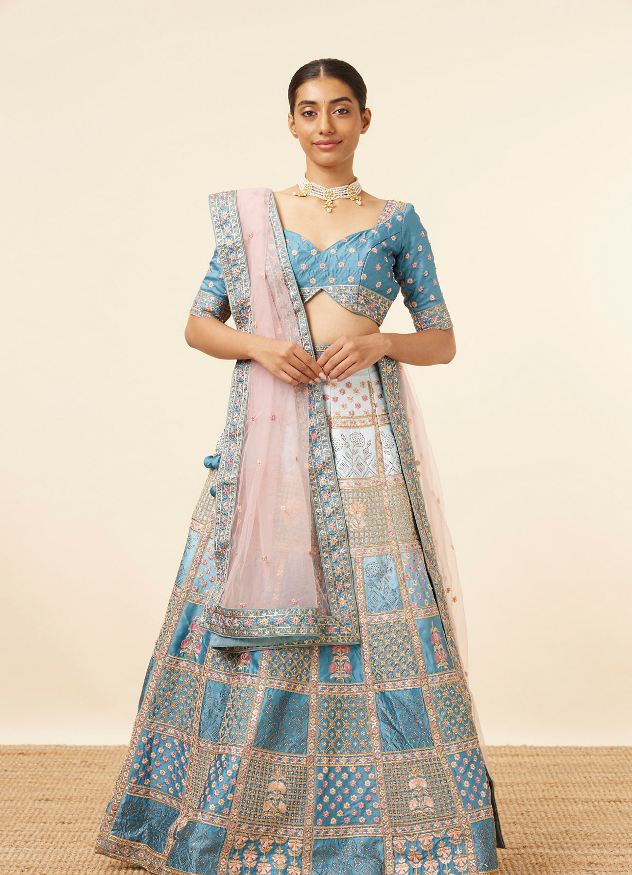 Mohey Women Teal Blue Block Patterned Lehenga