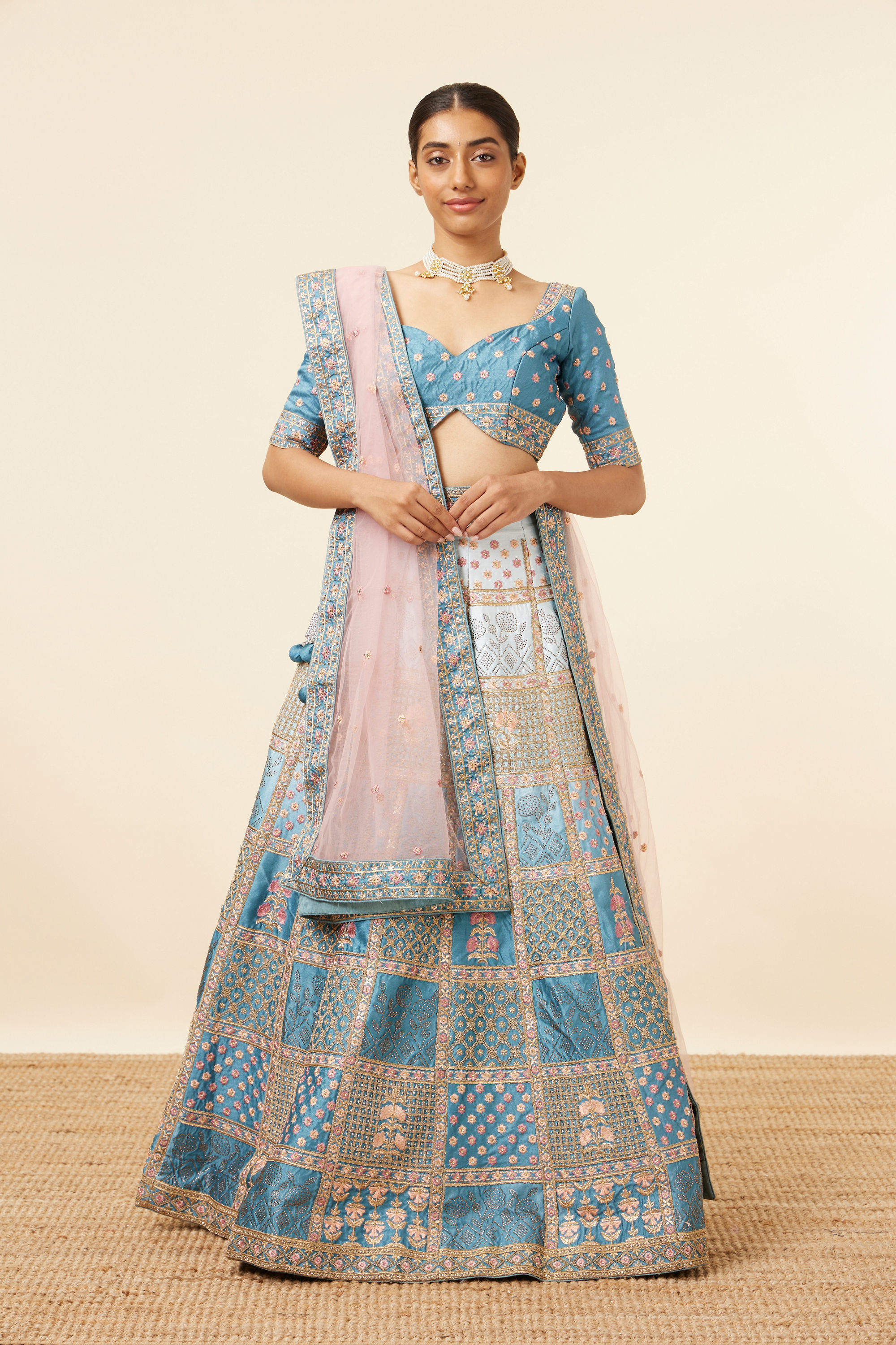 Mohey Women Teal Blue Block Patterned Lehenga