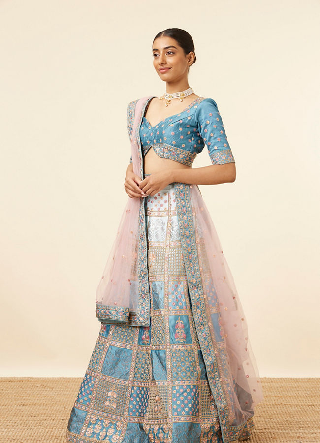 Teal Blue Block Patterned Lehenga image number 2