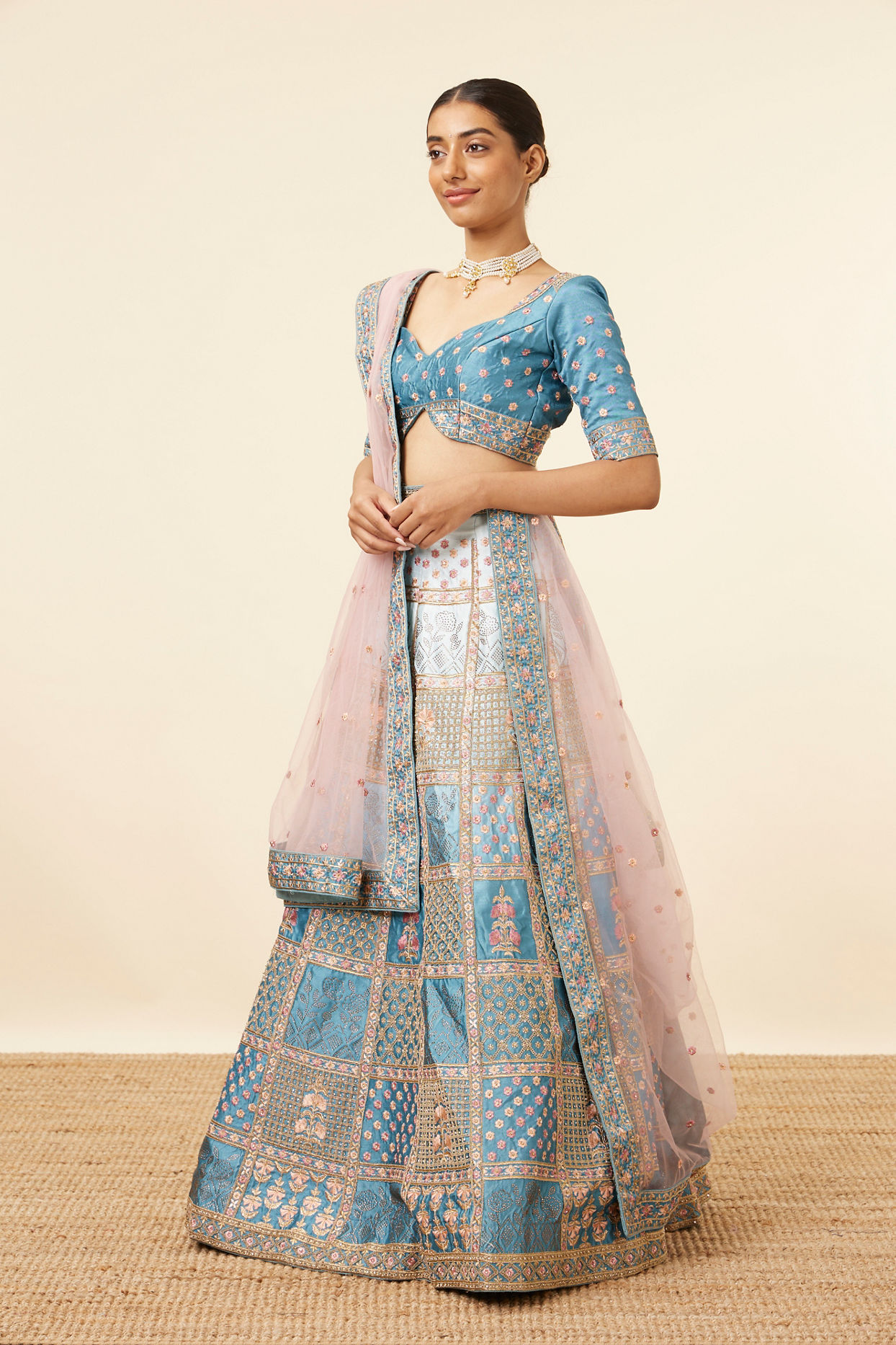 Mohey Women Teal Blue Block Patterned Lehenga