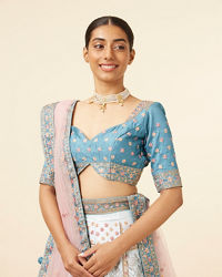 Mohey Women Teal Blue Block Patterned Lehenga