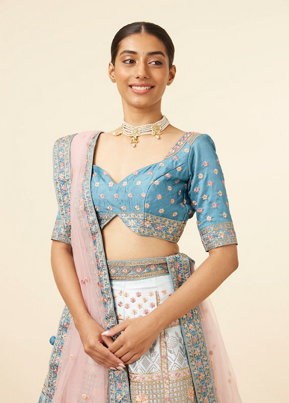 Mohey Women Teal Blue Block Patterned Lehenga