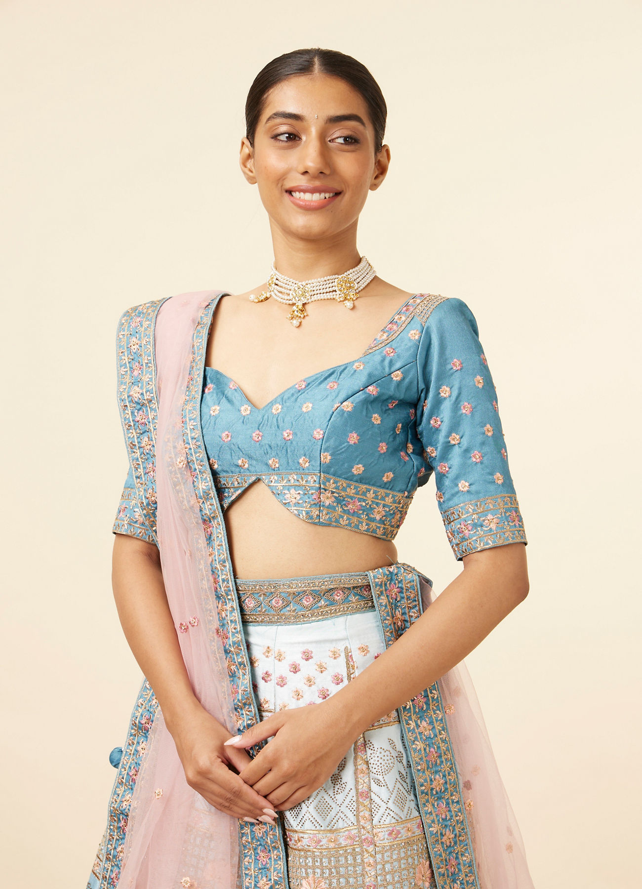 Mohey Women Teal Blue Block Patterned Lehenga