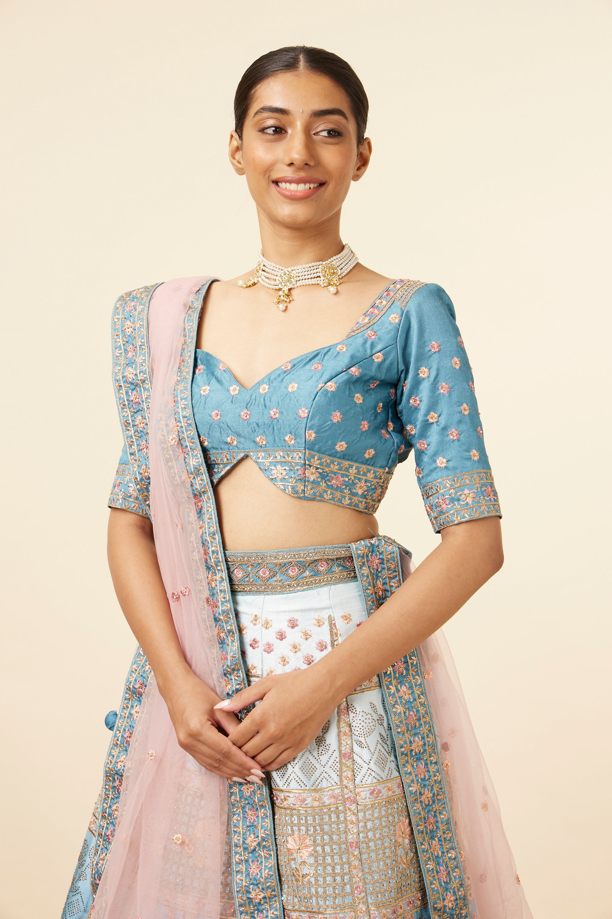 Mohey Women Teal Blue Block Patterned Lehenga