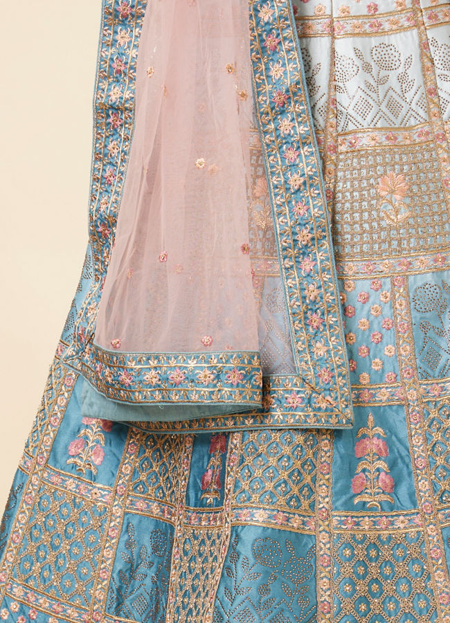Mohey Women Teal Blue Block Patterned Lehenga