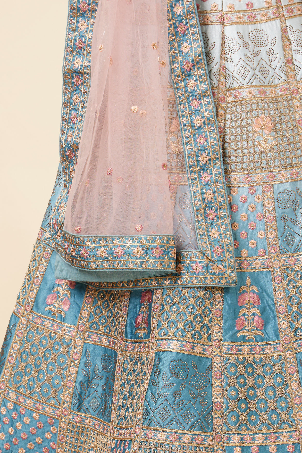 Mohey Women Teal Blue Block Patterned Lehenga