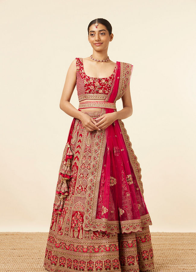 alt message - Mohey Women Rani Floral Patterned Bridal Lehenga image number 0