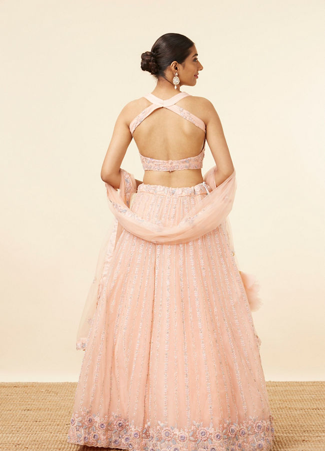 Mohey Women Peach Pink Net Floral Patterned Lehenga