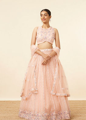 alt message - Mohey Women Peach Pink Net Floral Patterned Lehenga image number 0