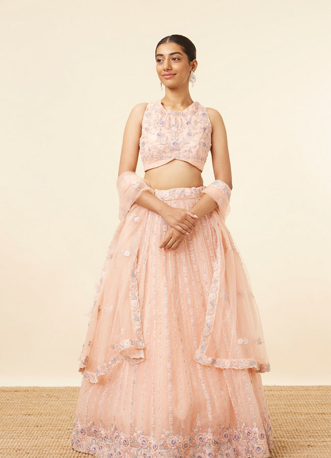 Mohey Women Peach Pink Net Floral Patterned Lehenga