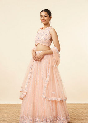 alt message - Mohey Women Peach Pink Net Floral Patterned Lehenga image number 2