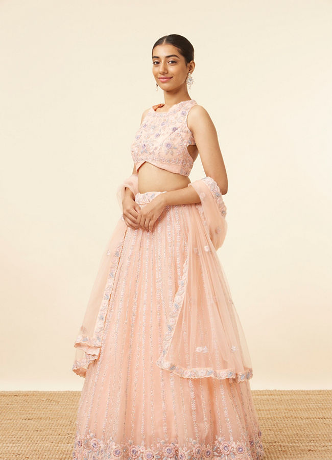 alt message - Mohey Women Peach Pink Net Floral Patterned Lehenga image number 2